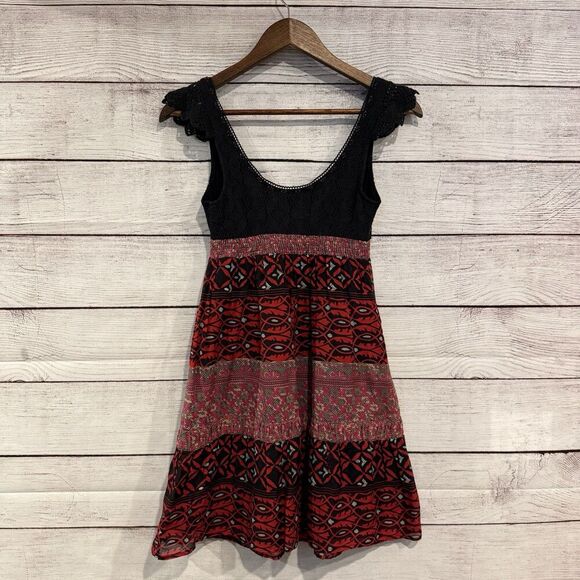 Free People Red Bohemian Festival Strap Dress Crochet Top Beads Size 0 - Picture 6 of 11